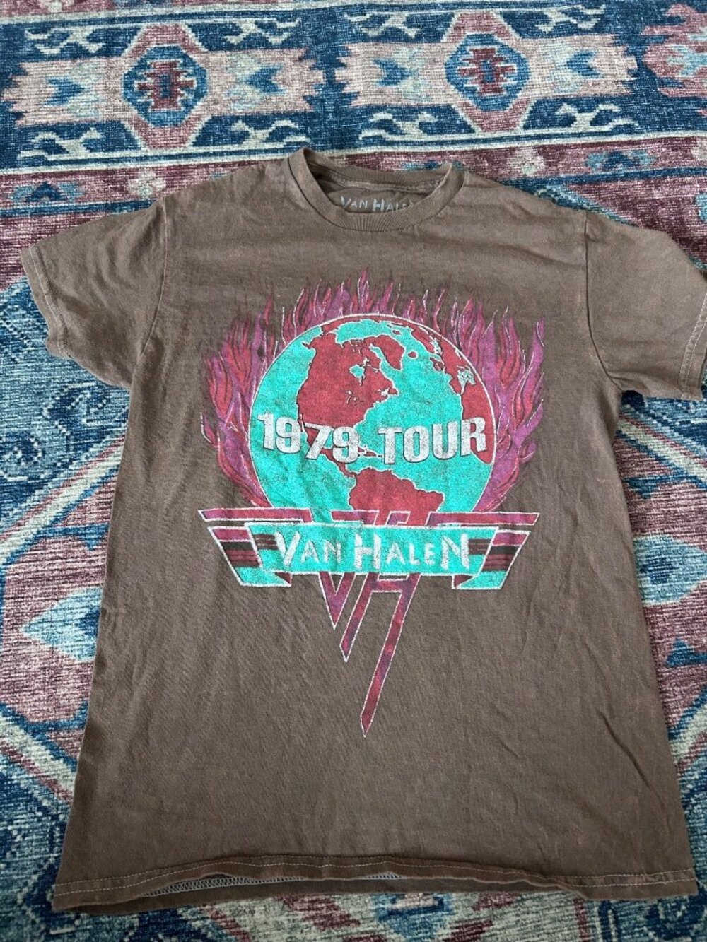 Van Halen 1979 Tour Brown Vintage Acid Wash Graphic Print Cotton T-Shirt S